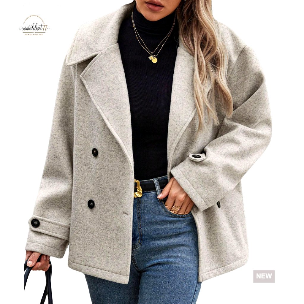 Cropped Wool Trench Coat Double Breasted Lapel Dressy Short Blazer Jacket